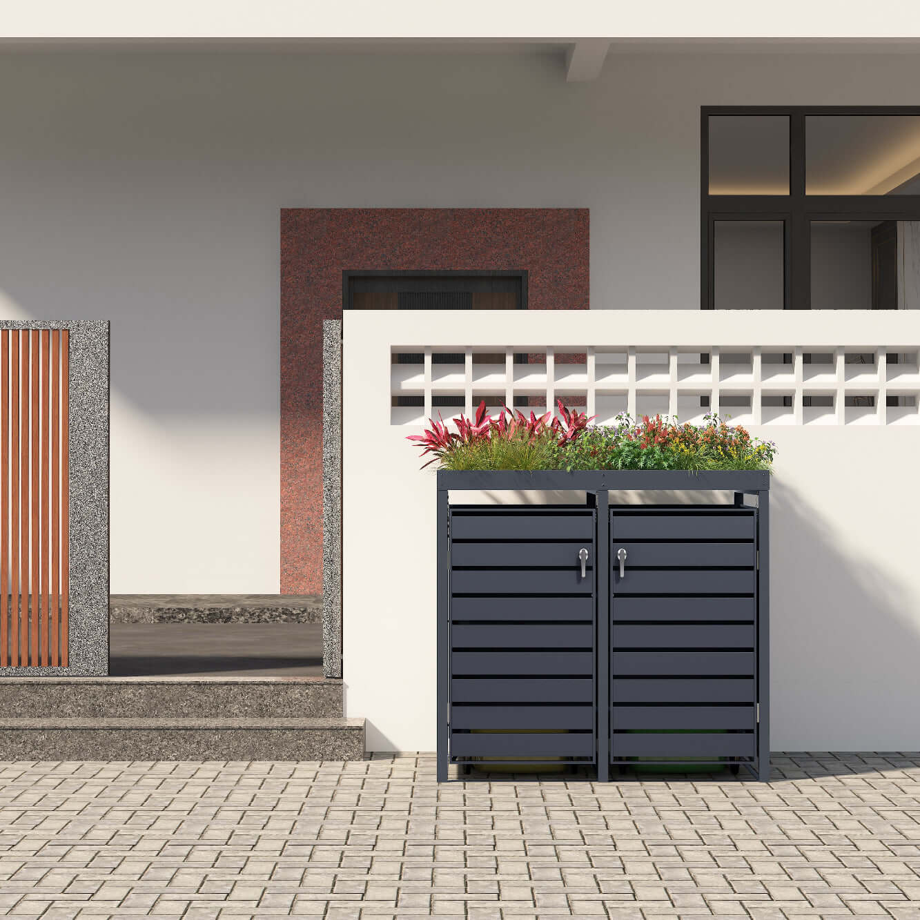 bepflanzte 2er Mülltonnenbox mit Pflanzwanne und Chromgriffe vor einem Haus stehend