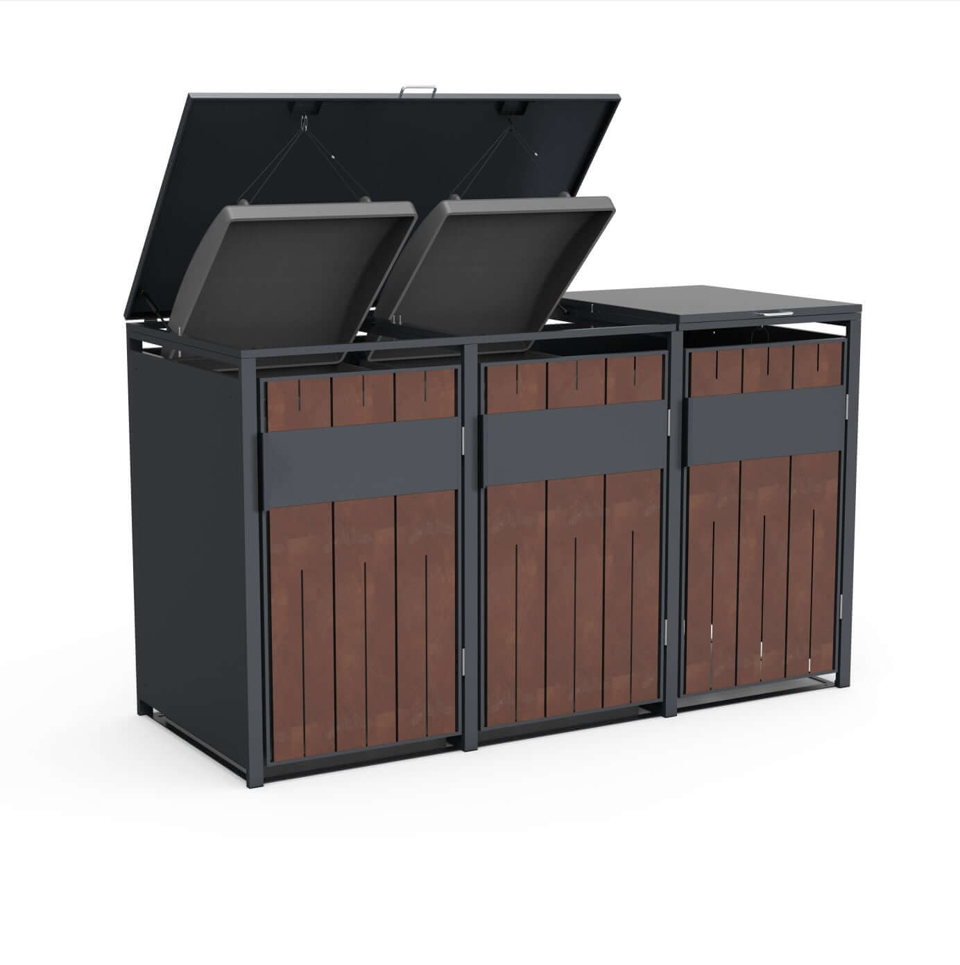 3er Mülltonnenbox anthrazit mit Cortenstahl Design Türe - wetterfeste Metallverkleidung für 240l Mülltonnen