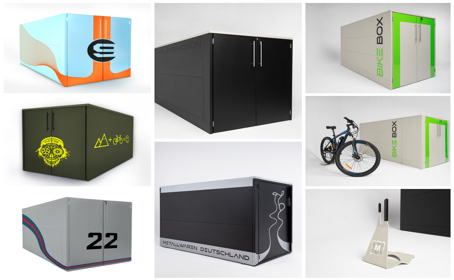 Fahrradgaragen Collage über verschiedene Modelle und Fahrradstaender von Metallwaren Deutschland