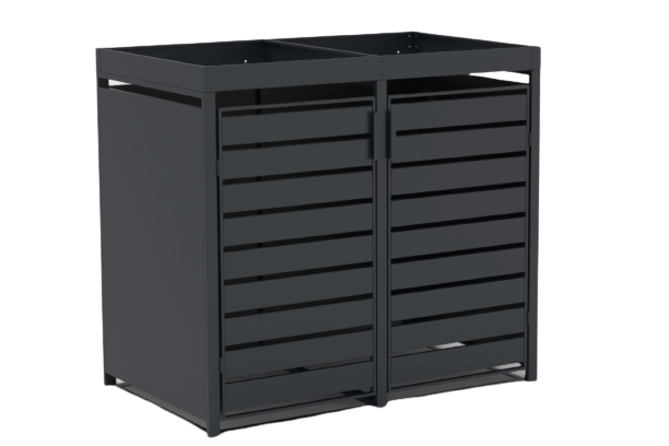 Zweiteilige Mülltonnenbox aus Metall in RAL 7016 mit Pflanzwanne