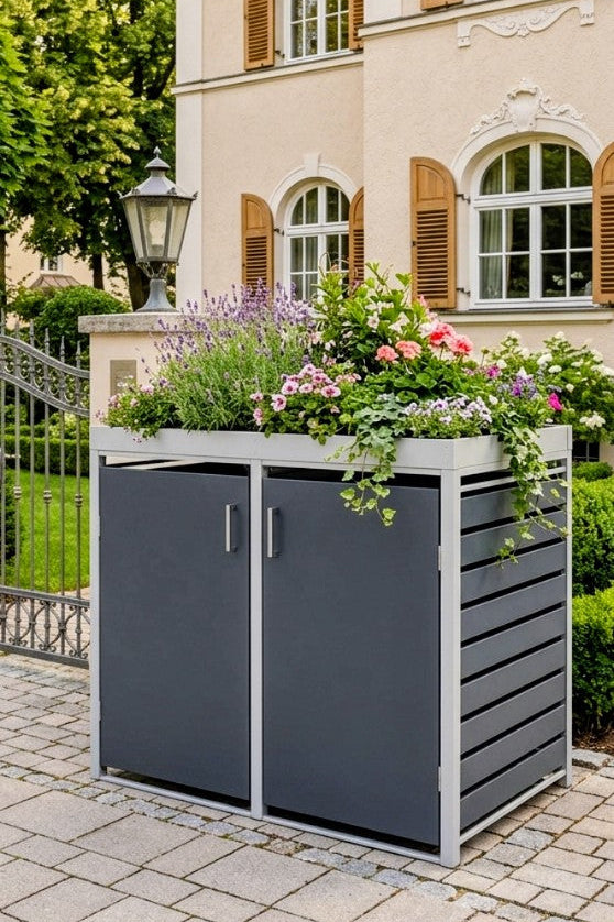 Mülltonnenbox V2A Edelstahl 304 mit geöffneter Tür – hochwertige Mülltonnenverkleidung für 240l Tonnen im Garten