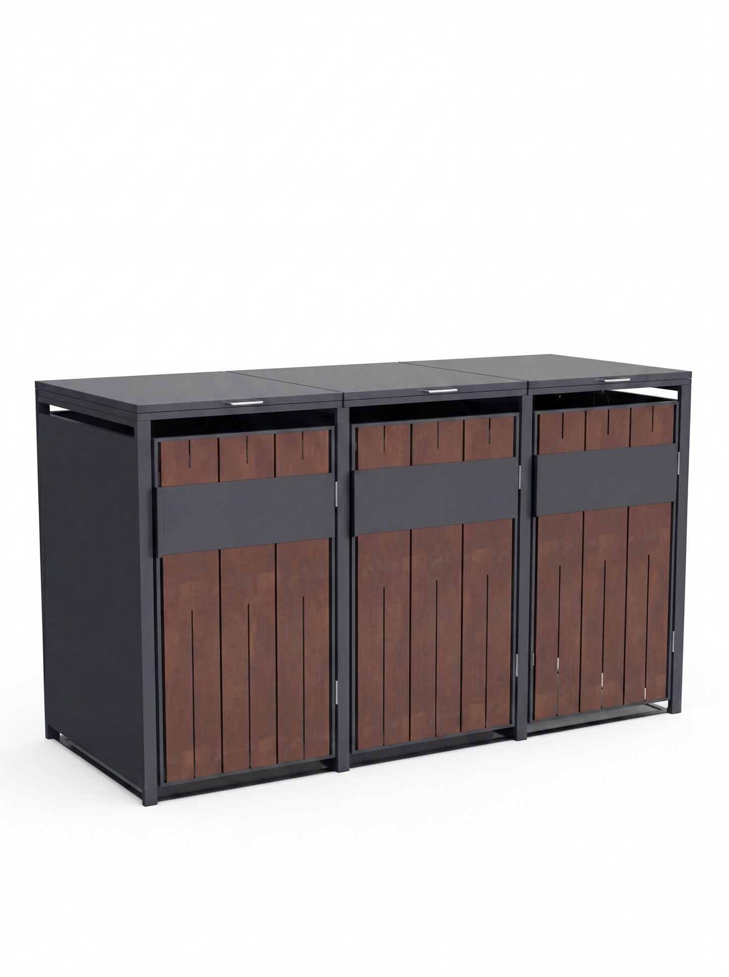 3er Mülltonnenbox anthrazit mit Cortenstahl Design Türe - wetterfeste Metallverkleidung für 240l Mülltonnen