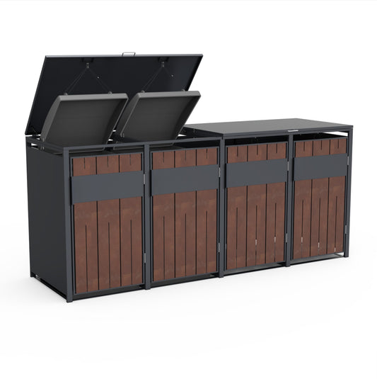 Mülltonnenbox 4er mit Cortenstahl-Design, wetterfeste Metallverkleidung für vier Mülltonnen