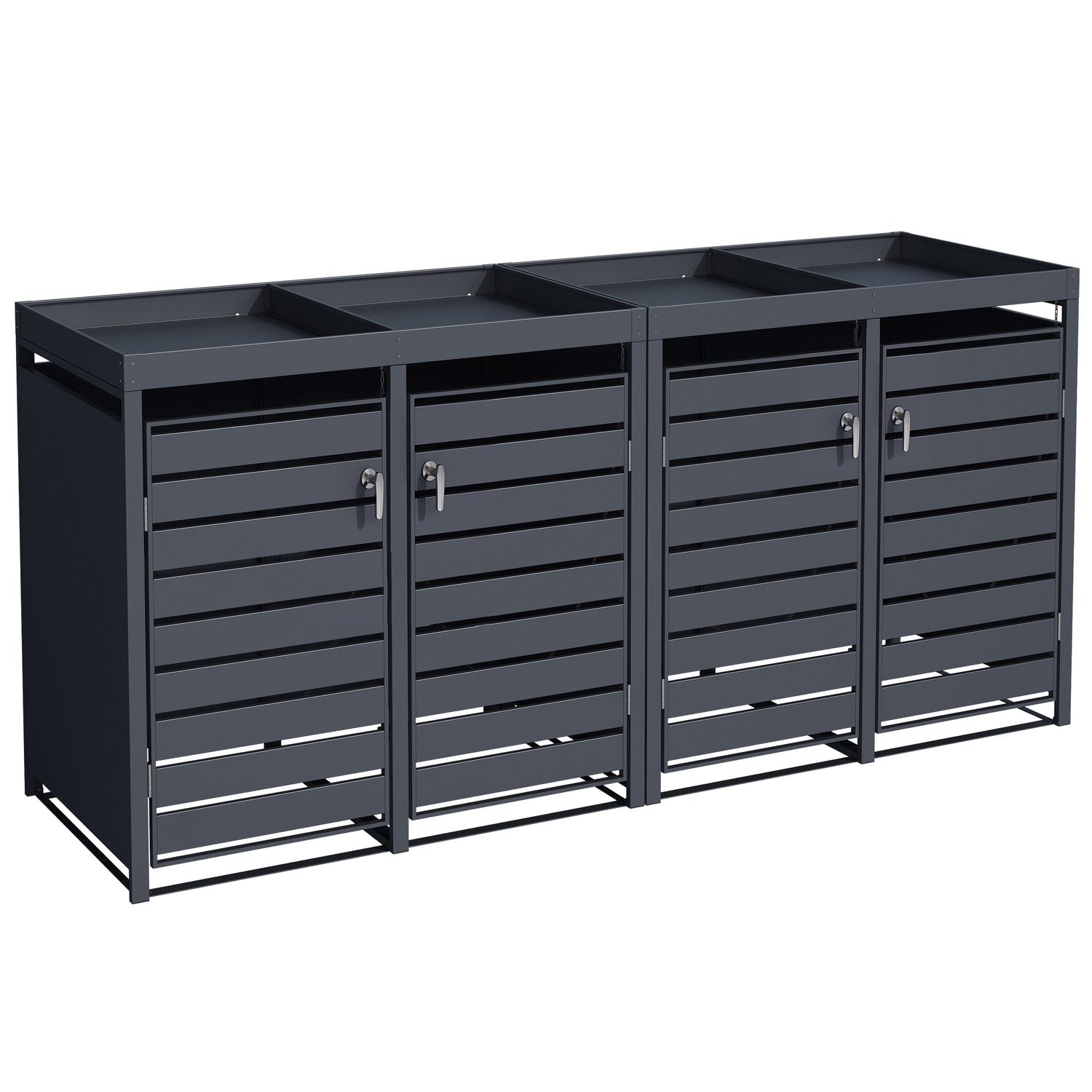 4er Mülltonnenbox aus Metall in RAL 7016 mit Pflanzwanne, abschließbare Chromgriffe, für je zwei Mülltonnen