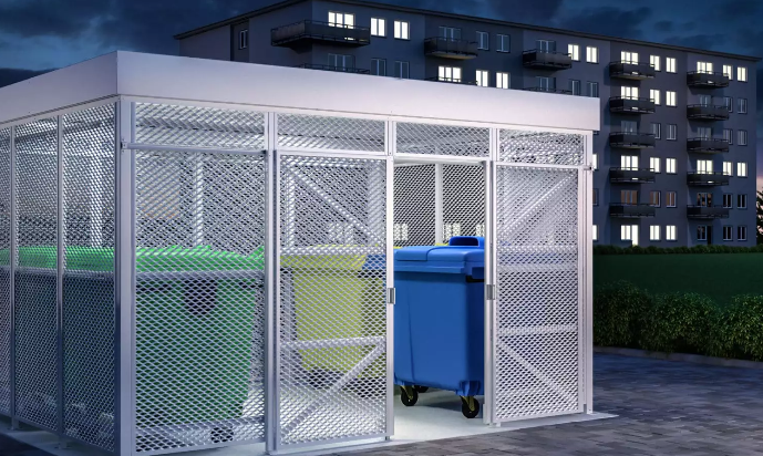 Aufbewahrungshalle geflochten Metall silber bei Nacht für Müllcontainer