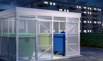 Aufbewahrungshalle geflochten Metall silber bei Nacht für Müllcontainer