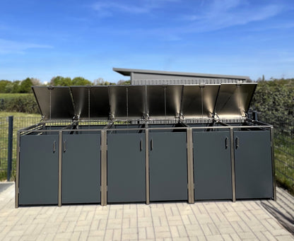 3*2er Mülltonnenbox aus Edelstahl, Türen mit Edelstahlgriffen und geöffnetem Deckel