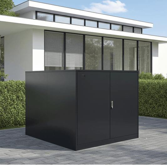 Fahrradgarage Container für zwei E-Bikes aus robustem Metall in anthrazit (RAL 7016): Die ideale 2er E-Bike-Box, nicht einsehbar, sicherer Mehrfachverriegelung und langlebiger Pulverbeschichtung für einen wetterfesten und diebstahlsicheren Schutz im Außenbereich.