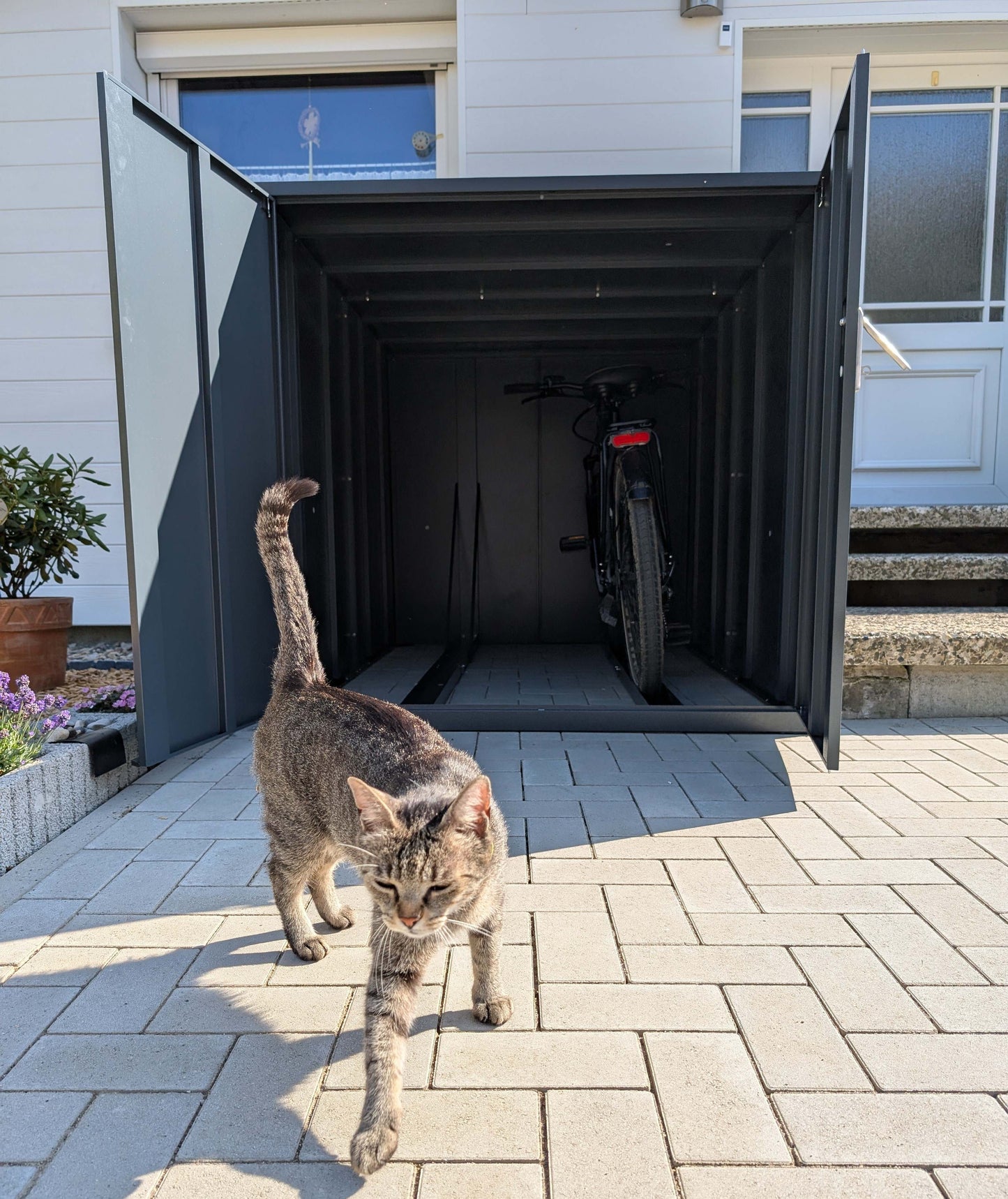 Fahrradgarage für zwei E-Bikes mit offenen Türen vor einem Haus stehend mit einer Katze im Größenvergleich