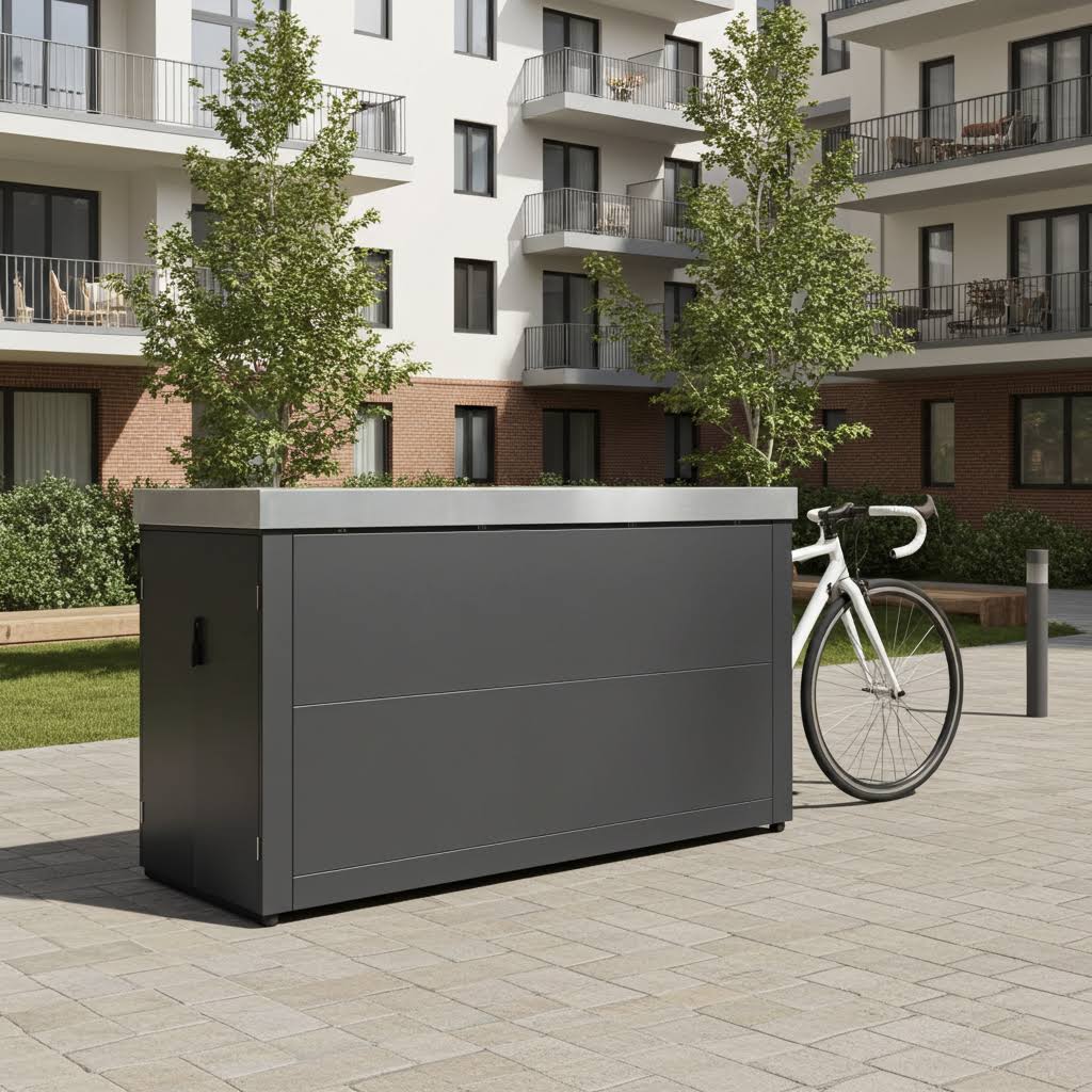 Fahrradgarage_fuer drei fahrraeder schmal_mit_Pflanzwanne_Edelstahl_und_Rennrad