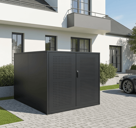 Fahrradgarage aus Metall für zwei E-Bikes: Die sichere und abschließbare 2er E-Bike-Box mit passgenauen Führungsschienen, integrierter Belüftung und robuster Pulverbeschichtung für optimalen Schutz vor Diebstahl und Witterung.