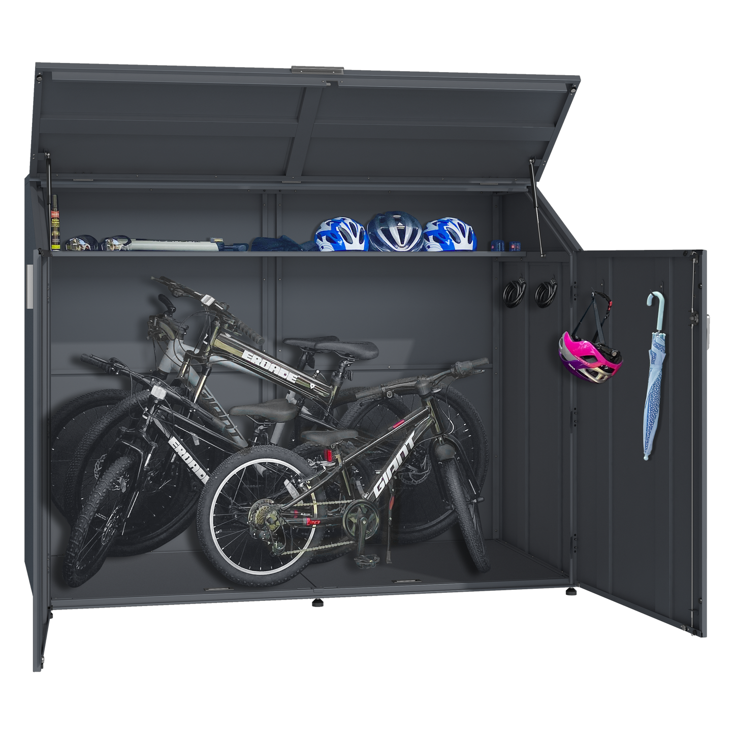 Fahrradgarage_in_Anthrazit_mit_seitlicher_oeffnung_stabilem_Dach_und_in geoeffnetem Zustand von offen von der Seite mit Fahrräder photographiert
