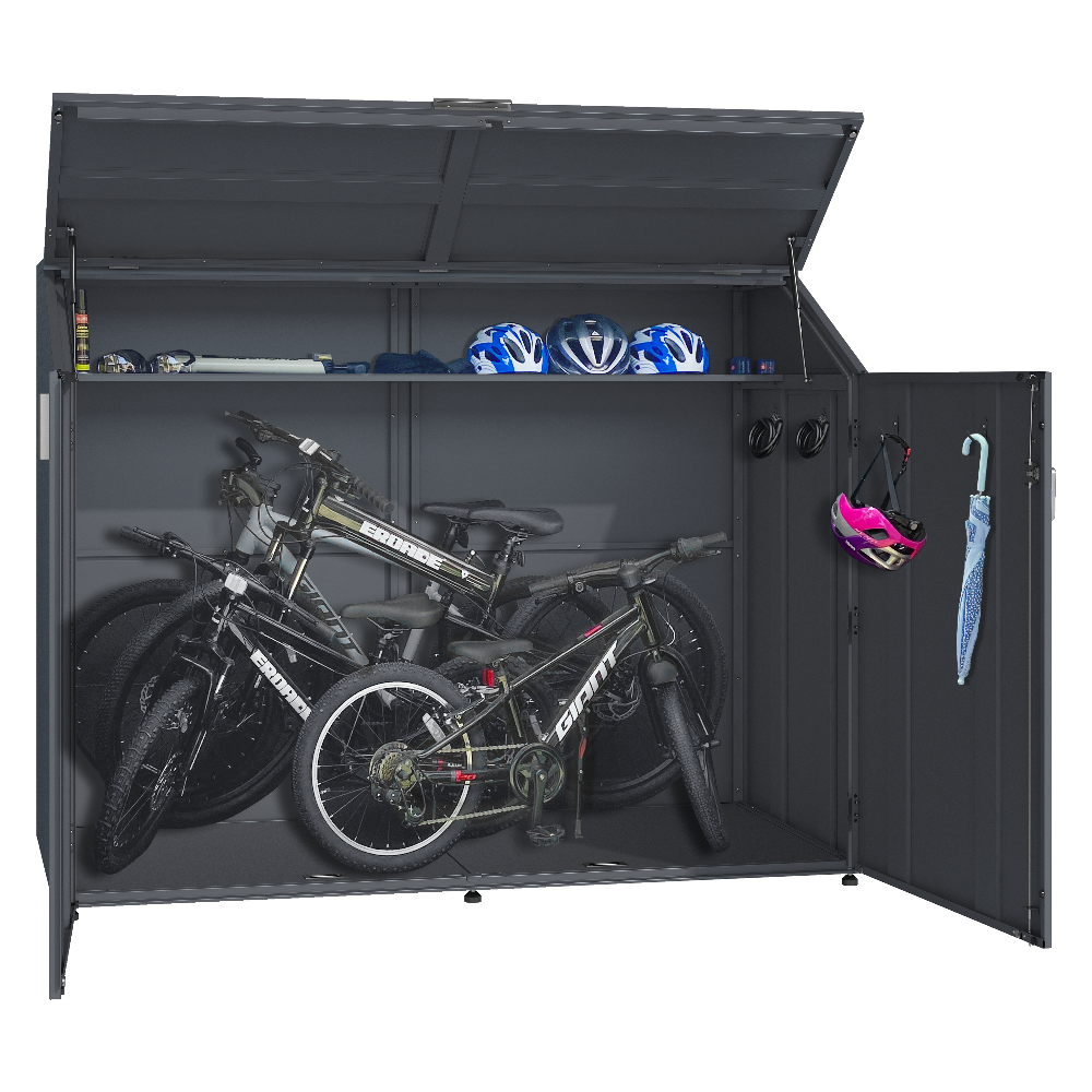 Fahrradgarage_in_Anthrazit_mit_seitlicher_oeffnung_stabilem_Dach_und_in geoeffnetem Zustand von offen von der Seite mit Fahrräder photographiert