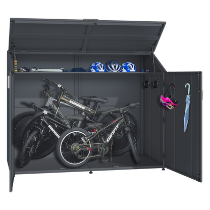 Fahrradgarage_in_Anthrazit_mit_seitlicher_oeffnung_stabilem_Dach_und_in geoeffnetem Zustand von offen von der Seite mit Fahrräder photographiert