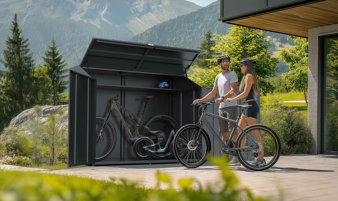Fahrradgarage in Anthrazit mit seitlicher Öffnung, stabilem Dach und abschließbarem Zugang