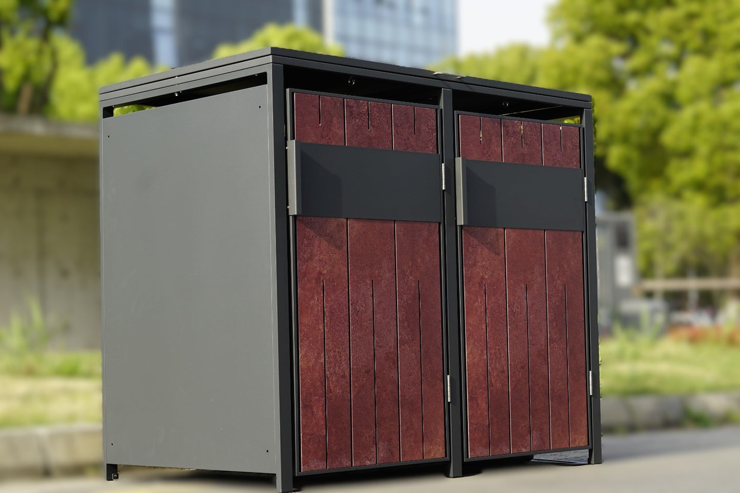 Mülltonnenboxen für 120l oder 240l als Set, anthrazit / Cortenstahl Optik aus Metall, mit Deckel