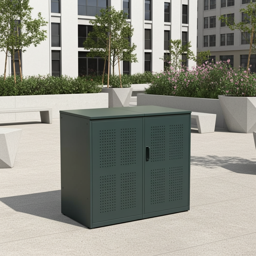 Mülltonnenbox Wallstreet, Mülltonnenverkleidung mit einstellbaren Bodenfüßen und stabilem Deckel, stilvolle Lösung für Mülltonnen im Garten