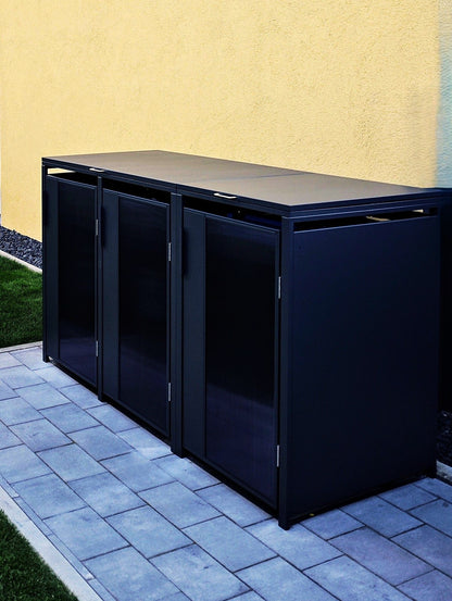 3er Mülltonnenbox für 120- und 240-Liter-Mülltonnen – robuste Mülltonnenabdeckung mit Klappdeckel, langlebig, pflegeleicht und in anthrazit erhältlich für private und gewerbliche Nutzung