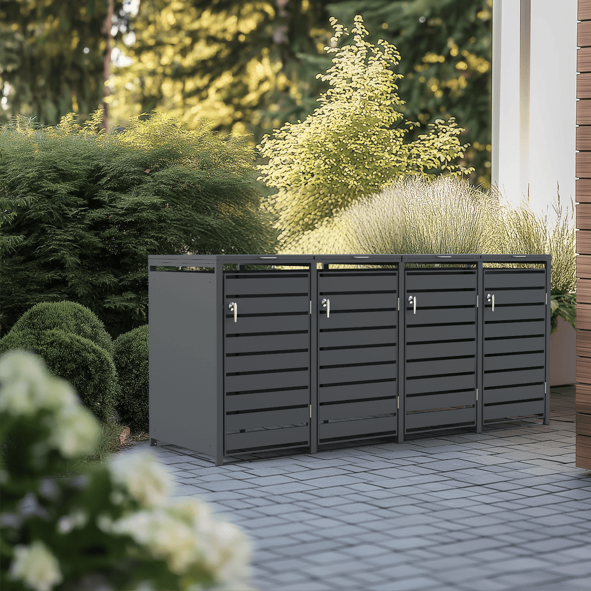 Muelltonnenbox 4er aus Metall in anthrazit mit Deckel und abschliessbarem Griff