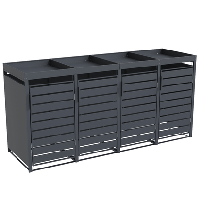 Muelltonnenbox_4er_mit_Pflanzwanne_aus_Metall_in_anthrazit_von_seitlich vorneMuelltonnenbox_4er_mit_Pflanzwanne_aus_Metall_in_anthrazit_von_seitlich vorne oben