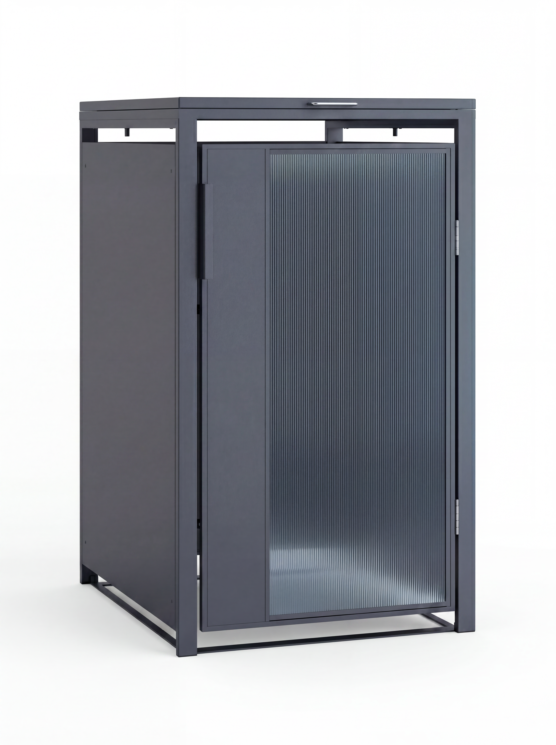 Metallverkleidung für 1 Mülltonne in Anthrazit mit vertikal strukturierter Plexiglas-Tür und flachem Klappdeckel auf weißem Hintergrund.