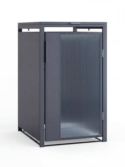 Metallverkleidung für 1 Mülltonne in Anthrazit mit vertikal strukturierter Plexiglas-Tür und flachem Klappdeckel auf weißem Hintergrund.