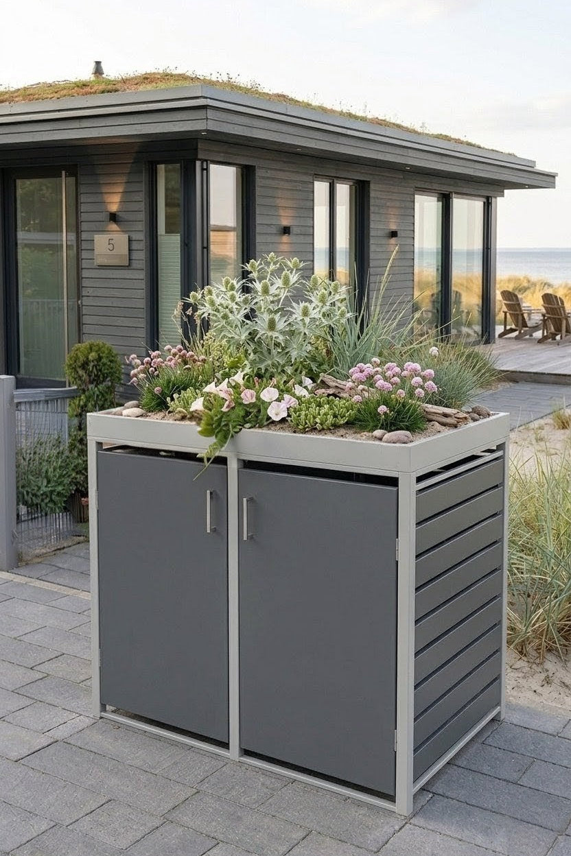 Mülltonnenbox Edelstahl gebürstet mit Pflanzwanne vor modernem Wohnhaus – Design Sichtschutz in Anthrazit RAL 7016