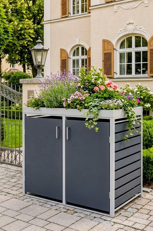 Mülltonnenbox V2A Edelstahl 304 mit geöffneter Tür – hochwertige Mülltonnenverkleidung für 240l Tonnen im Garten