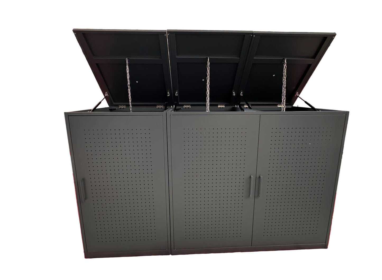 Muelltonnenbox Wallstreet aus Metall in RAL 7016 Anthrazit mit Deckel, modernem Design und integrierten Gasdruckdämpfern 