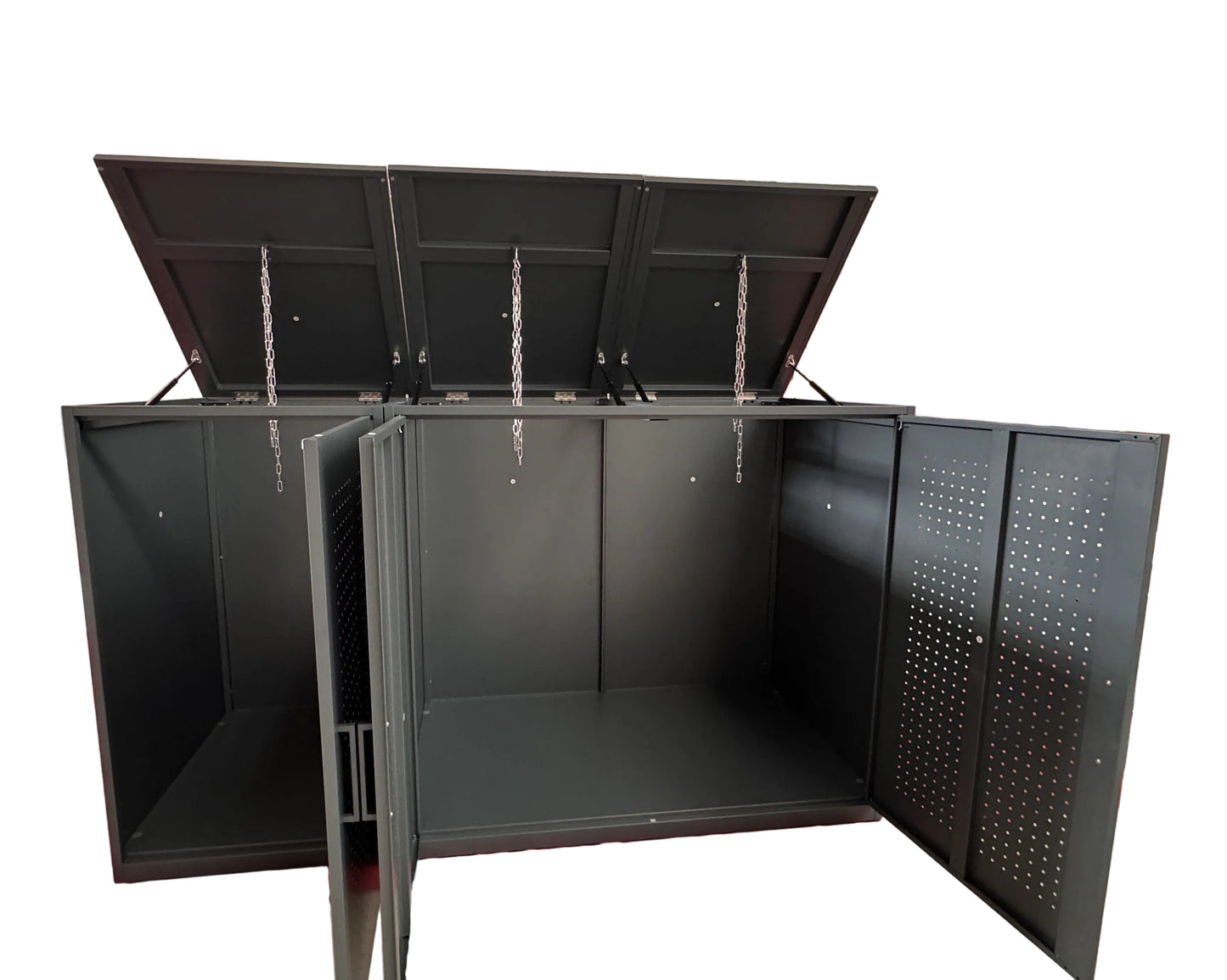 Muelltonnenbox Wallstreet aus Metall in RAL 7016 Anthrazit mit Deckel, modernem Design und integrierten Gasdruckdämpfern, integrierten Boden
