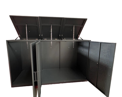 Muelltonnenbox Wallstreet aus Metall in RAL 7016 Anthrazit mit Deckel, modernem Design und integrierten Gasdruckdämpfern, integrierten Boden