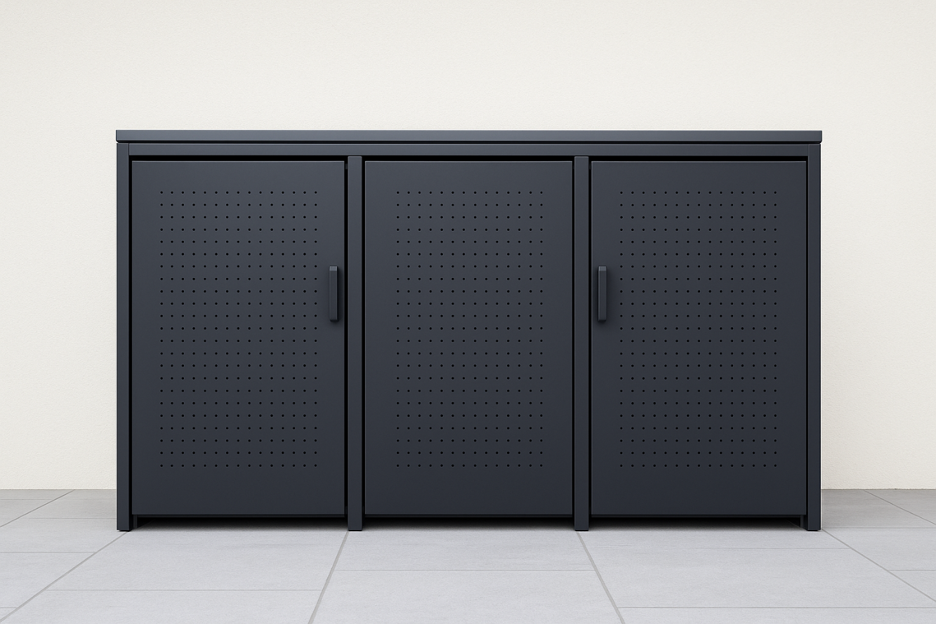 Mülltonnenbox Wallstreet aus Metall in RAL 7016 Anthrazit mit Deckel, modernem Design und integrierten Gasdruckdämpfern, Boden und einstellbaren Bodenfüßen