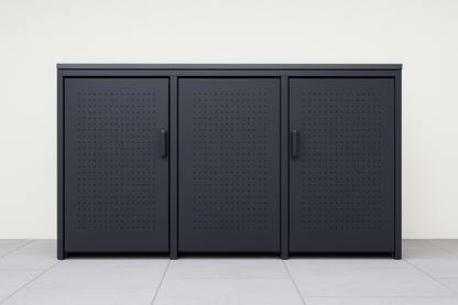 Mülltonnenbox Wallstreet aus Metall in RAL 7016 Anthrazit mit Deckel, modernem Design und integrierten Gasdruckdämpfern, Boden und einstellbaren Bodenfüßen