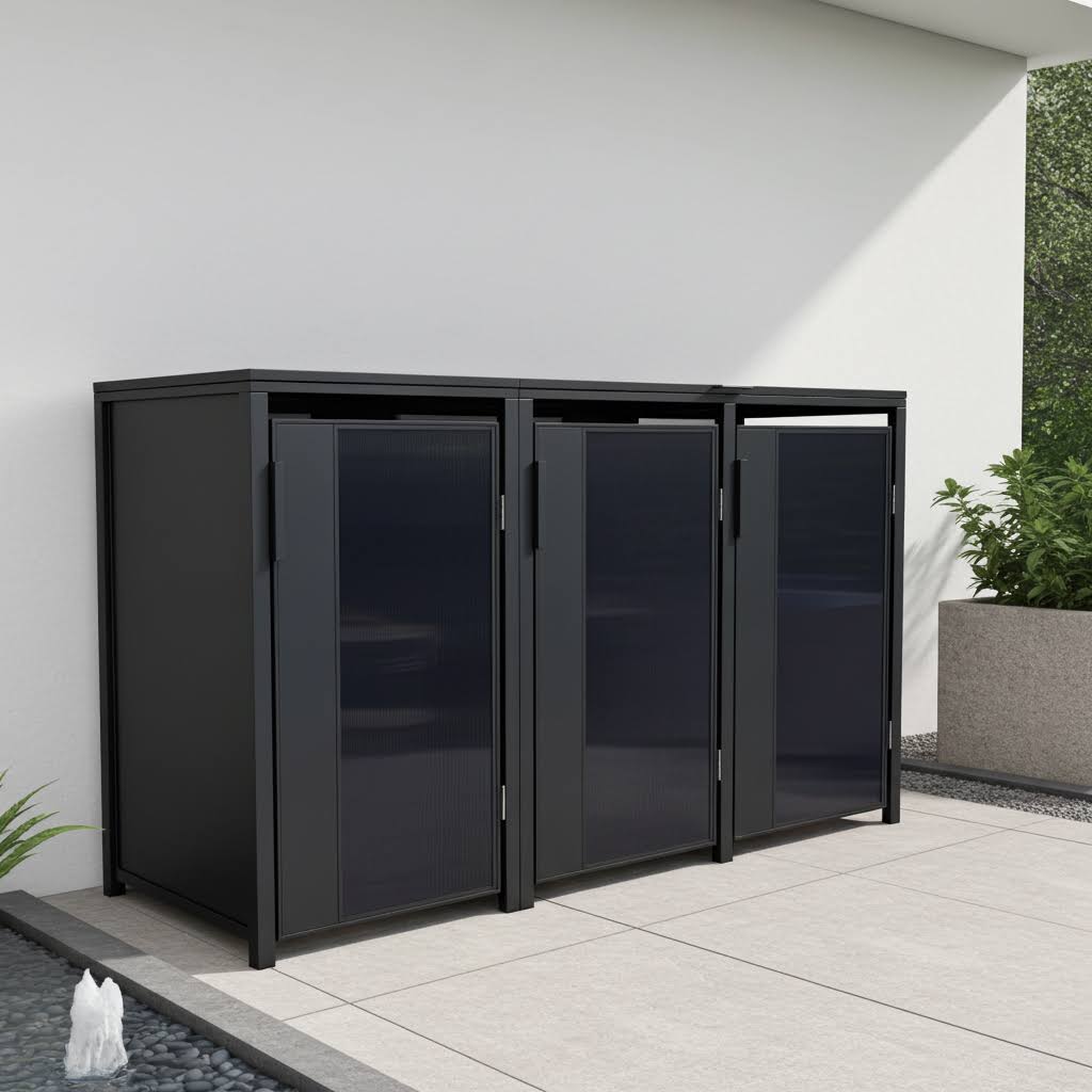 Muelltonnenboxen 3er_modern schwarz mit schwarz getöntem Glas