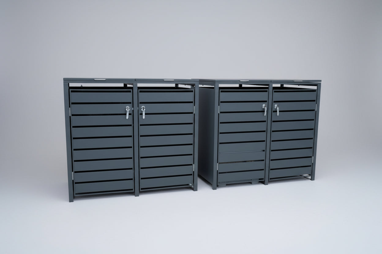 Mülltonnenboxen 4er Metall anthrazit mit Deckel und abschliessbaren Chromgriffen