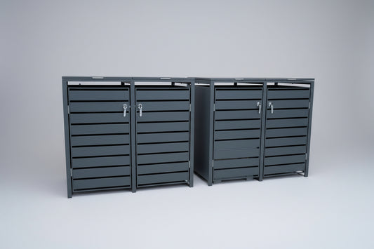 Mülltonnenboxen 4er Metall anthrazit mit Deckel und abschliessbaren Chromgriffen