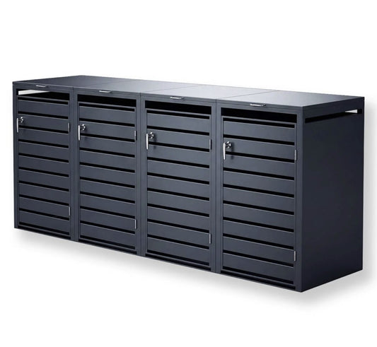 Muelltonnenboxen_4er_mit_Deckel_Metall_anthrazit_mit_abschliessbarem_Chromgriff