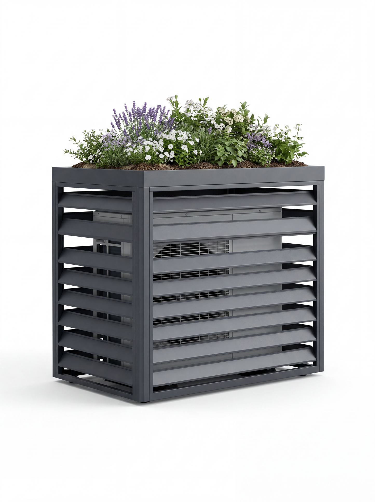 Metallverkleidung für Wärmepumpe in Anthrazit mit horizontalen Lamellen und integriertem Pflanzwanne mit Lavendel und Zierpflanzen auf weißem Hintergrund.